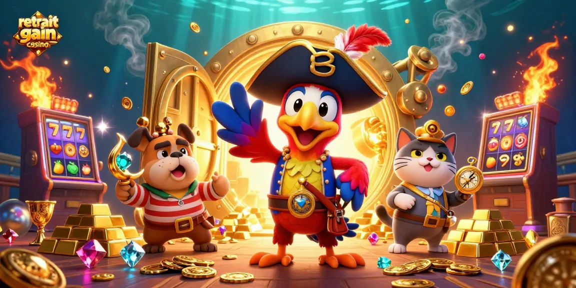 Illustration de retrait gain casino avec un pirate, un bulldog et un chat à la recherche de trésors.
