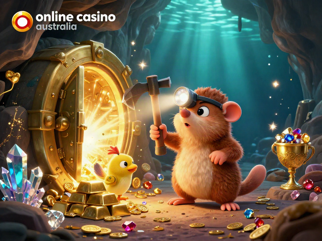 Explore exciting treasures in a dynamic online casino australia scene with a treasure hunter and glowing gems.