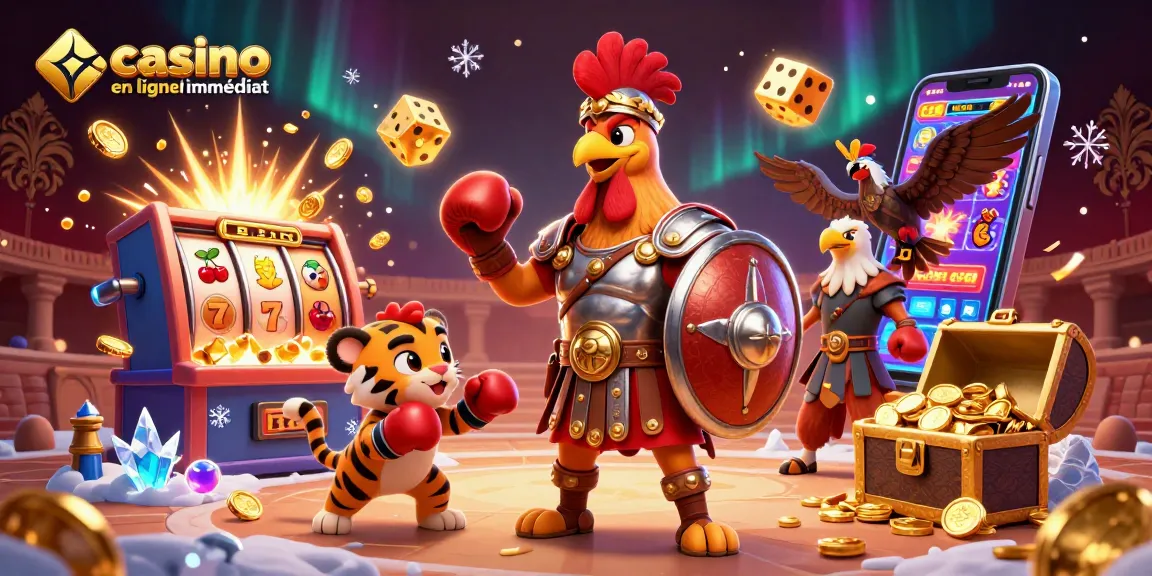 Jouez au casino en ligne retrait immédiat avec notre scène dynamique illustrant un coq gladiateur et des machines à sous.