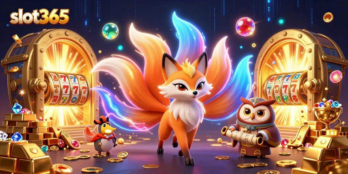 Experience thrilling wins at slot365 with a vibrant 3D illustration of magical characters and casino treasures.