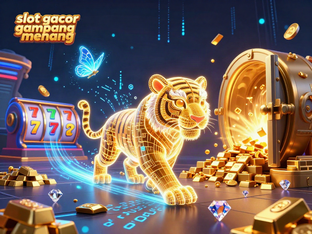 Experience the thrilling atmosphere of slot gacor gampang menang with a vibrant digital casino scene featuring animated slot reels.