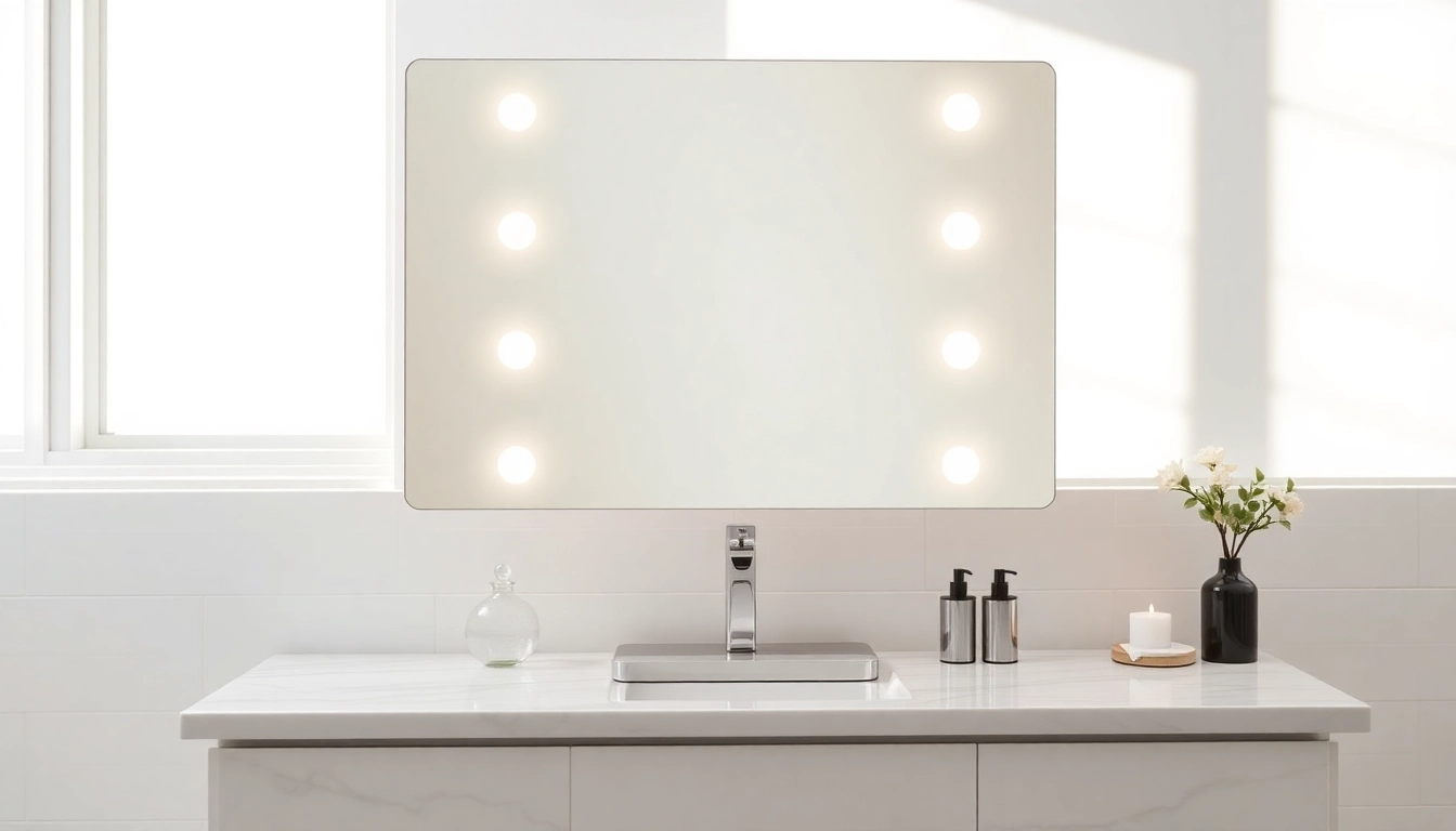 Brightly lit led vanity mirror enhancing a modern bathroom's ambiance and functionality.