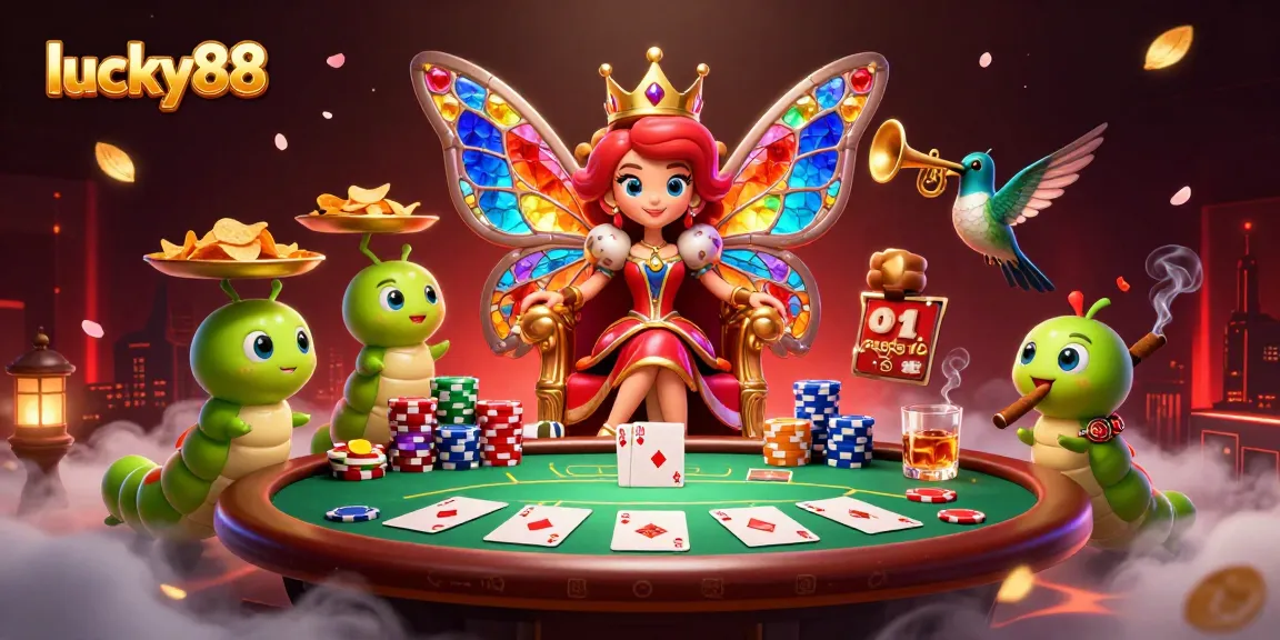 Engage with the vibrant lucky88 casino scene, showcasing a butterfly queen and vibrant poker elements.