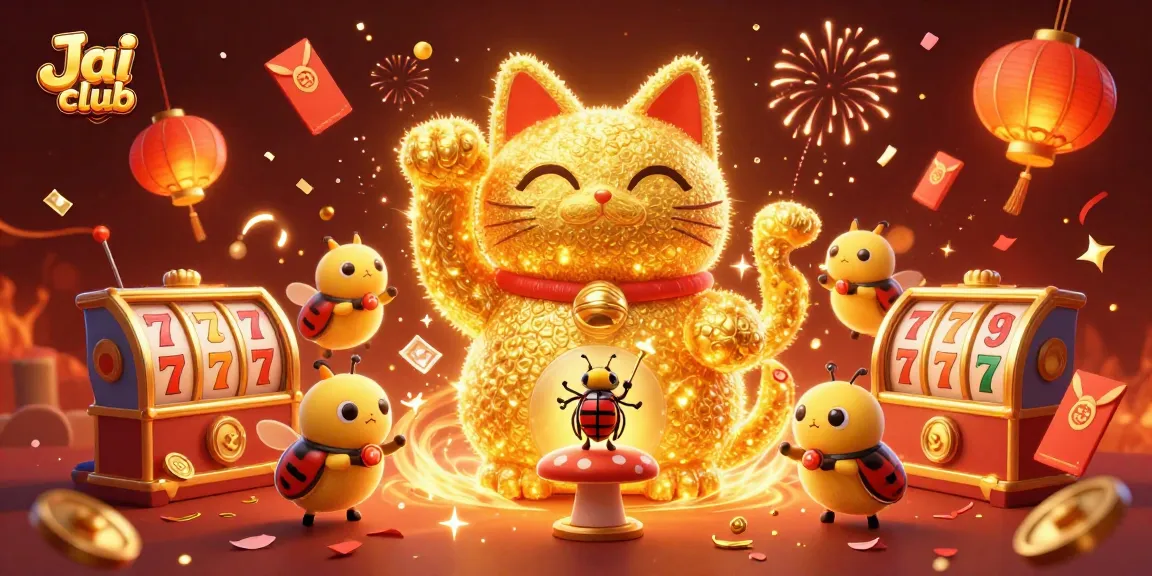 Join the fun at Jai club with vibrant slot symbols and lucky charms in a festive scene.