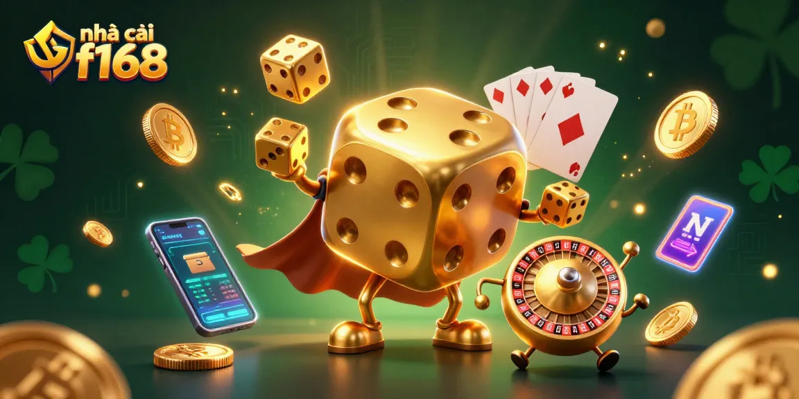 Engage with nhà cái f168 through a vibrant 3D casino illustration featuring golden dice and crypto elements.