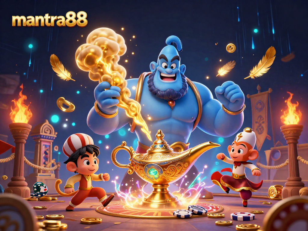 Play exciting games with mantra88, featuring a genie and poker chips on a magic carpet.