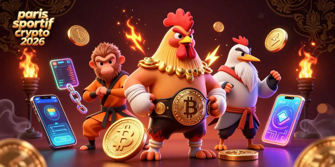 Les paris sportif crypto 2026 avec des personnages de combat colorés et des pièces de cryptomonnaie flottantes