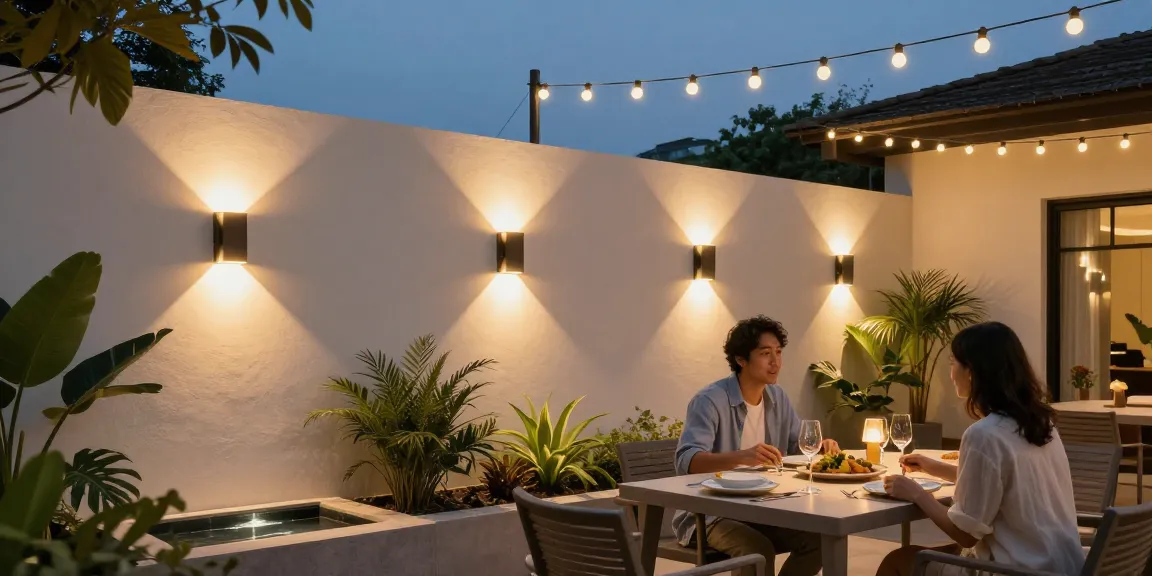 Aplica LED exterior iluminând o terasă modernă cu decor elegant.